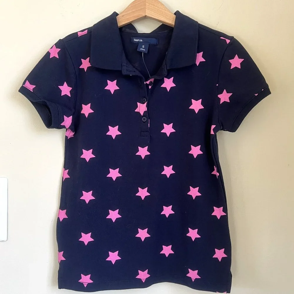 NWOT GapKids Short Sleeve Star Printed Pique Polo, True Indigo, Size M (8) - Picture 1 of 6